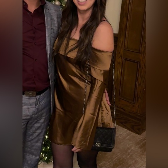 Lulu's Off-Shoulder Satin Brown Dress - Picture 3 of 3